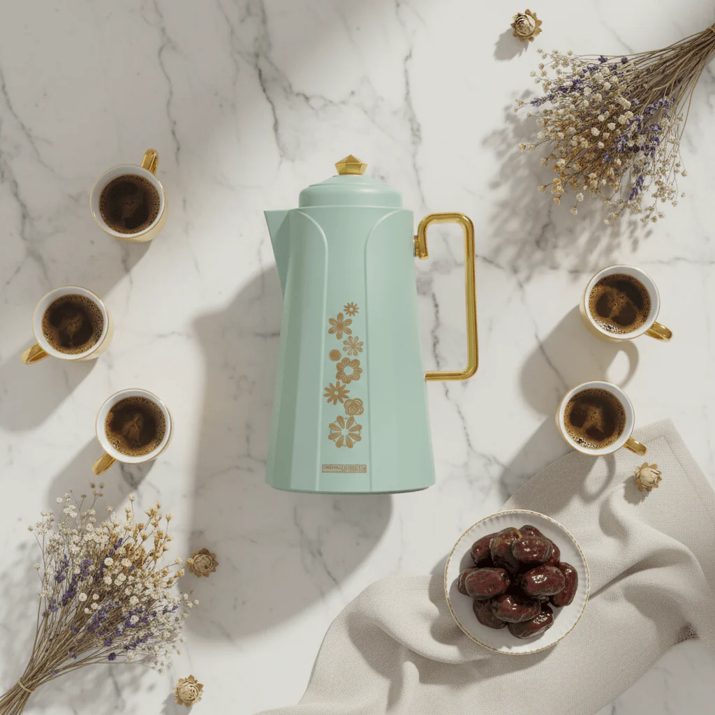 Royalford Vacuum Flask 1L – Dull Blue with Gold Floral - Image 4