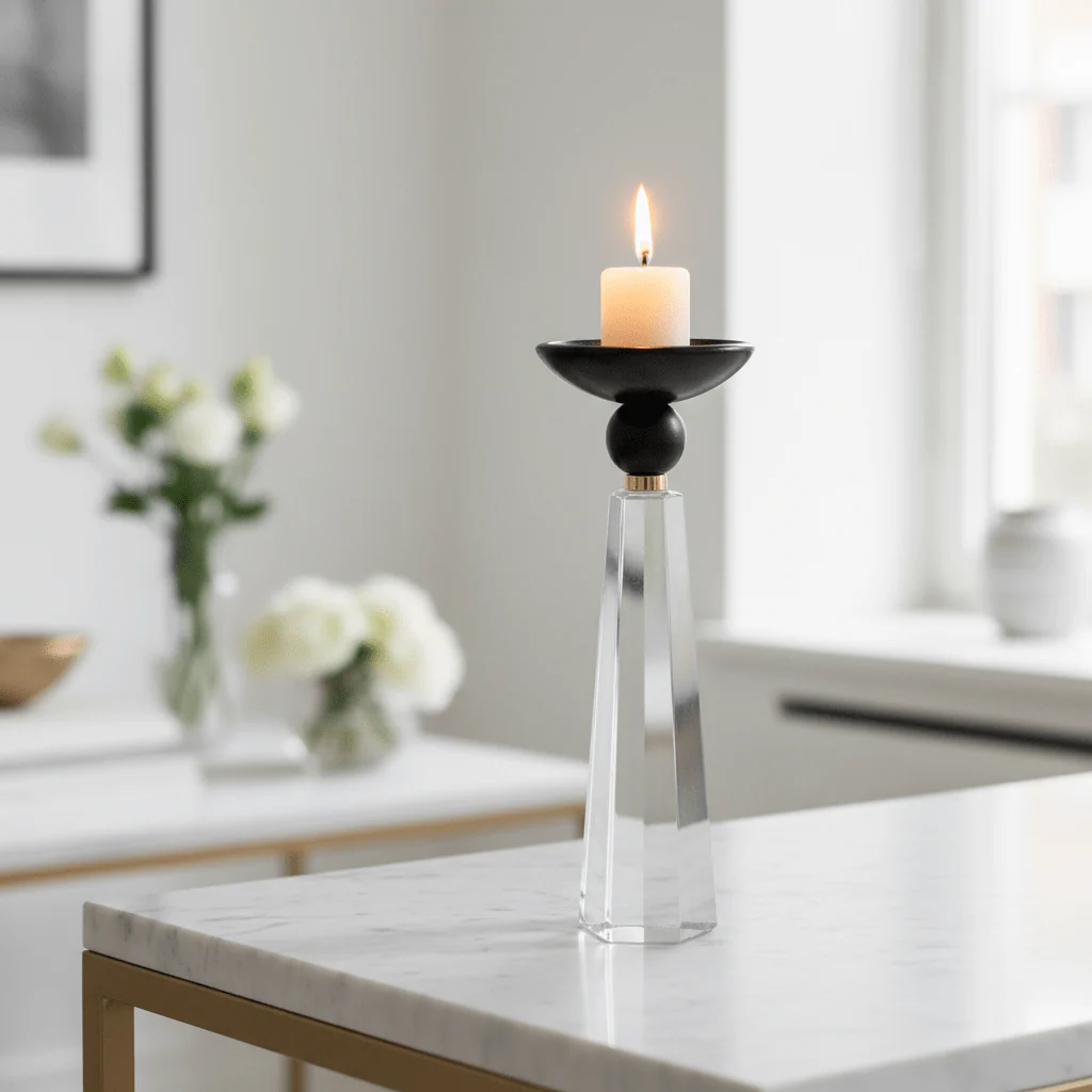 Rustic Crystal & Black Wooden Decorative Candle Holder for Modern Home Interiors – 22cm - Image 2