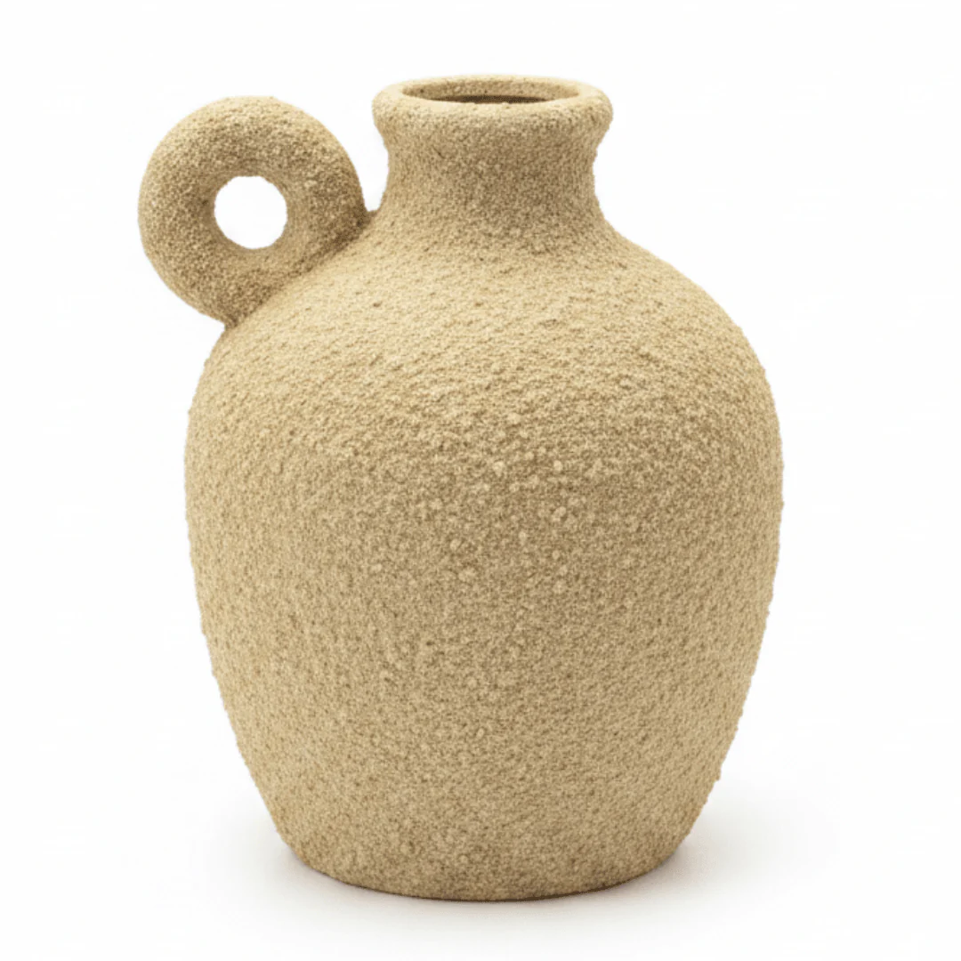 Rustic Textured Ceramic Vase 25cm | Sand-Grain Finish | Single Handle | Arabian Home Décor | Ideal for Dried Flowers & Pampas Grass