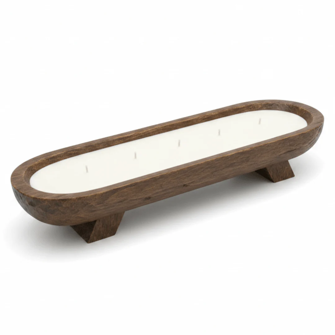 Rustic Wooden Dough Bowl Candle | Oval Centerpiece Candle in Dark Wood Base | 50×15cm | Premium White Wax | Home Décor & Gift