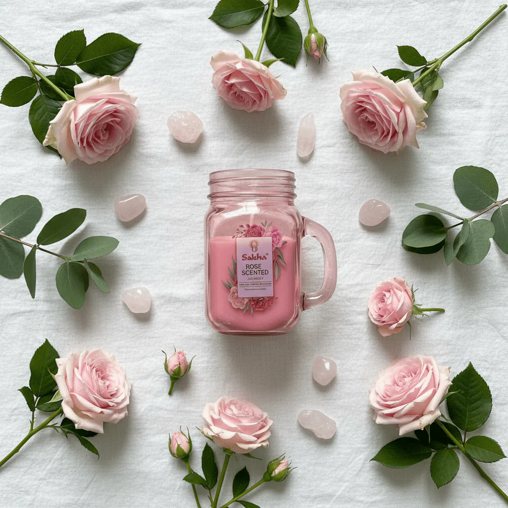 Sakha Rose Scented Candle in Glass Jar Mug | 12cm | - Image 3