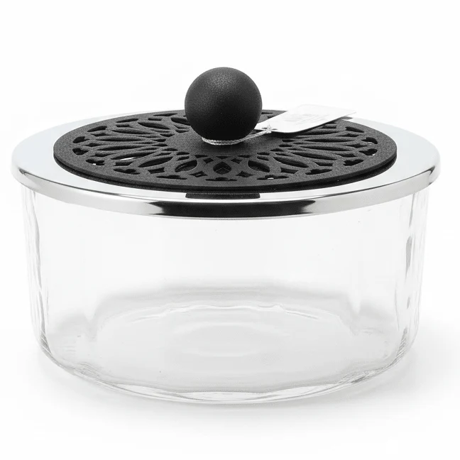 SBTC Glass Container with Metal Holder – Premium Silver & Black Finish, Storage Jar for Dry Fruits, Candy & Snacks, 20 × 8 cm