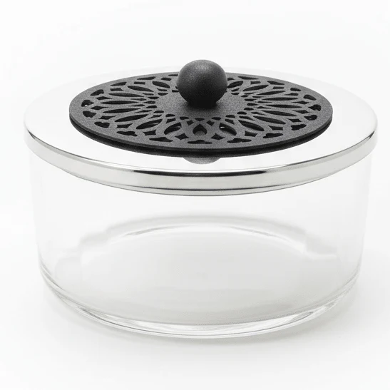 SBTC Glass Storage Container with Metal Frame – Silver with Black Accent Design, Ideal for Candy & Dry Food Storage, 15 × 7 cm