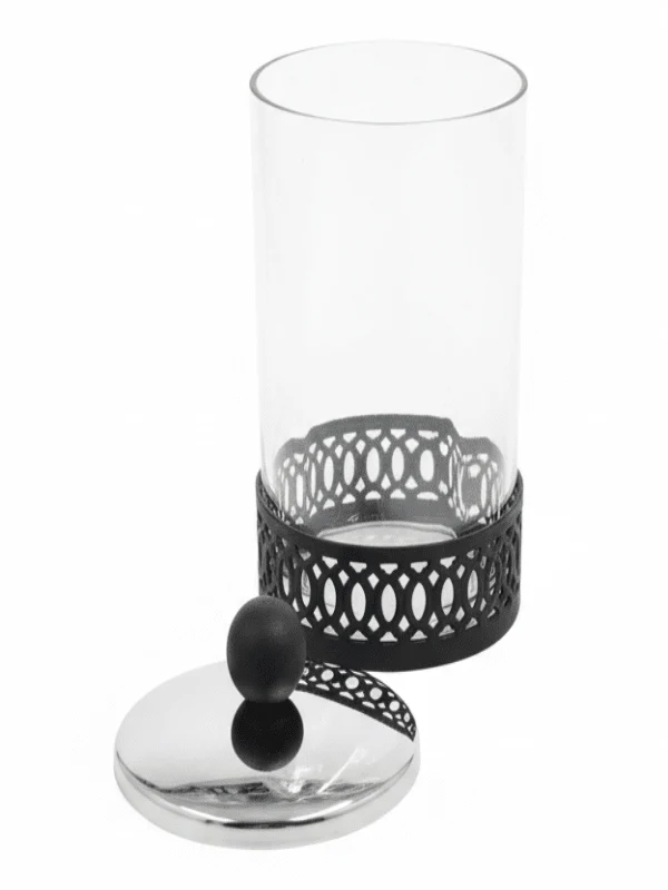 SBTC Round Glass Container with Metal Holder – Silver & Black Decorative Storage Box, 4 × 6 Inch - Image 2