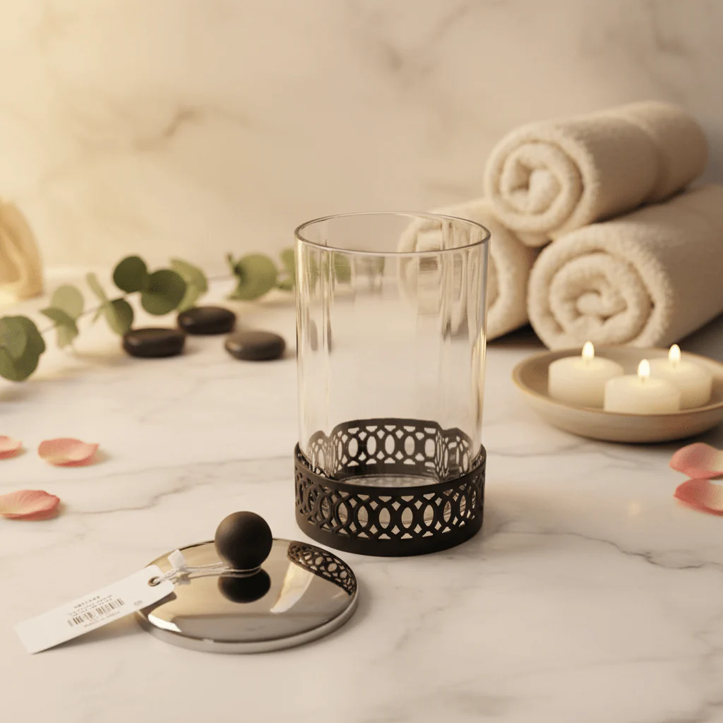 SBTC Round Glass Container with Metal Holder – Silver & Black Decorative Storage Box, 4 × 6 Inch - Image 4