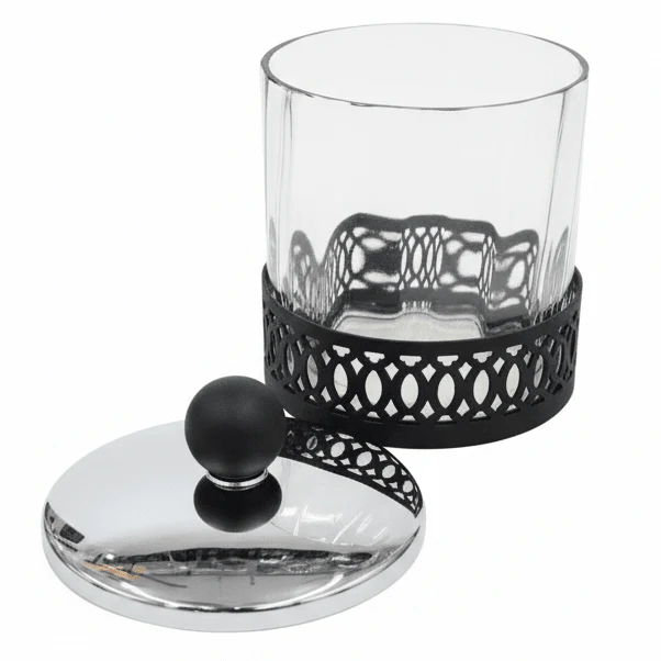 SBTC Glass Container with Metal Holder – Silver & Black Luxury Finish, Multipurpose Storage Jar, 4 × 4 Inch - Image 2