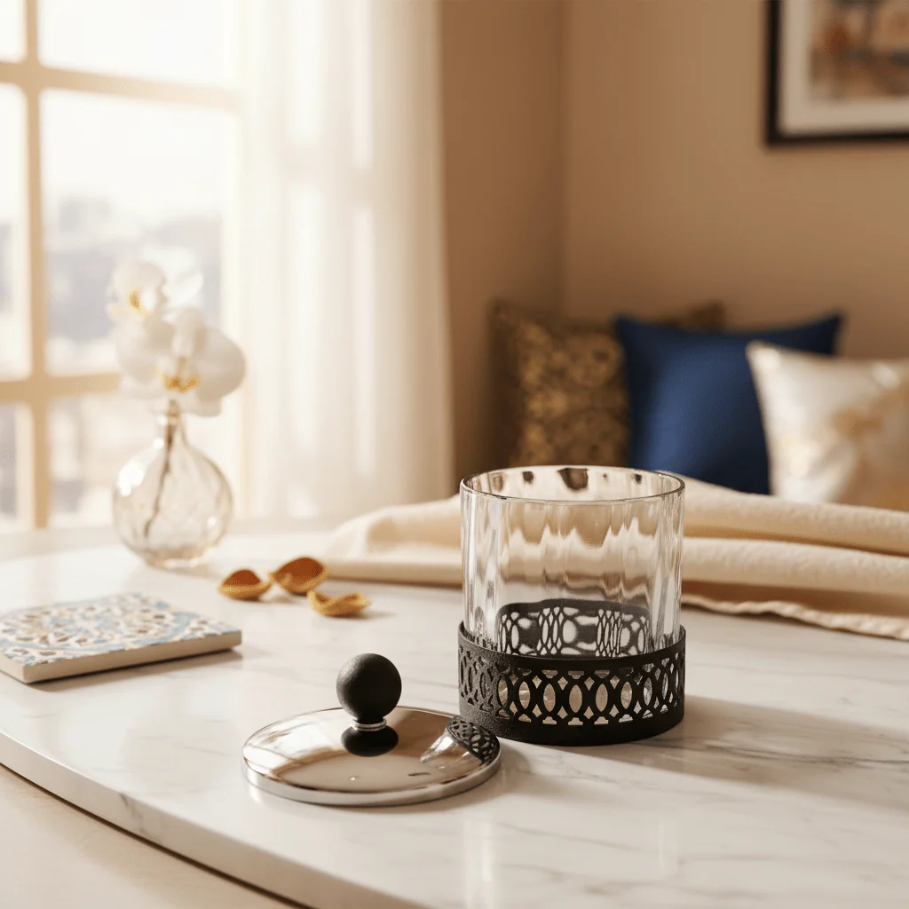 SBTC Glass Container with Metal Holder – Silver & Black Luxury Finish, Multipurpose Storage Jar, 4 × 4 Inch - Image 4