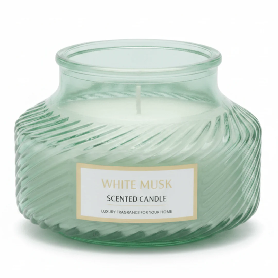 Scented Candle in Ribbed Glass Jar | Long-Lasting Home Fragrance | 8×8 cm | White Musk / Amber Myrrh / Wild Bluebell / Fresh Freesia