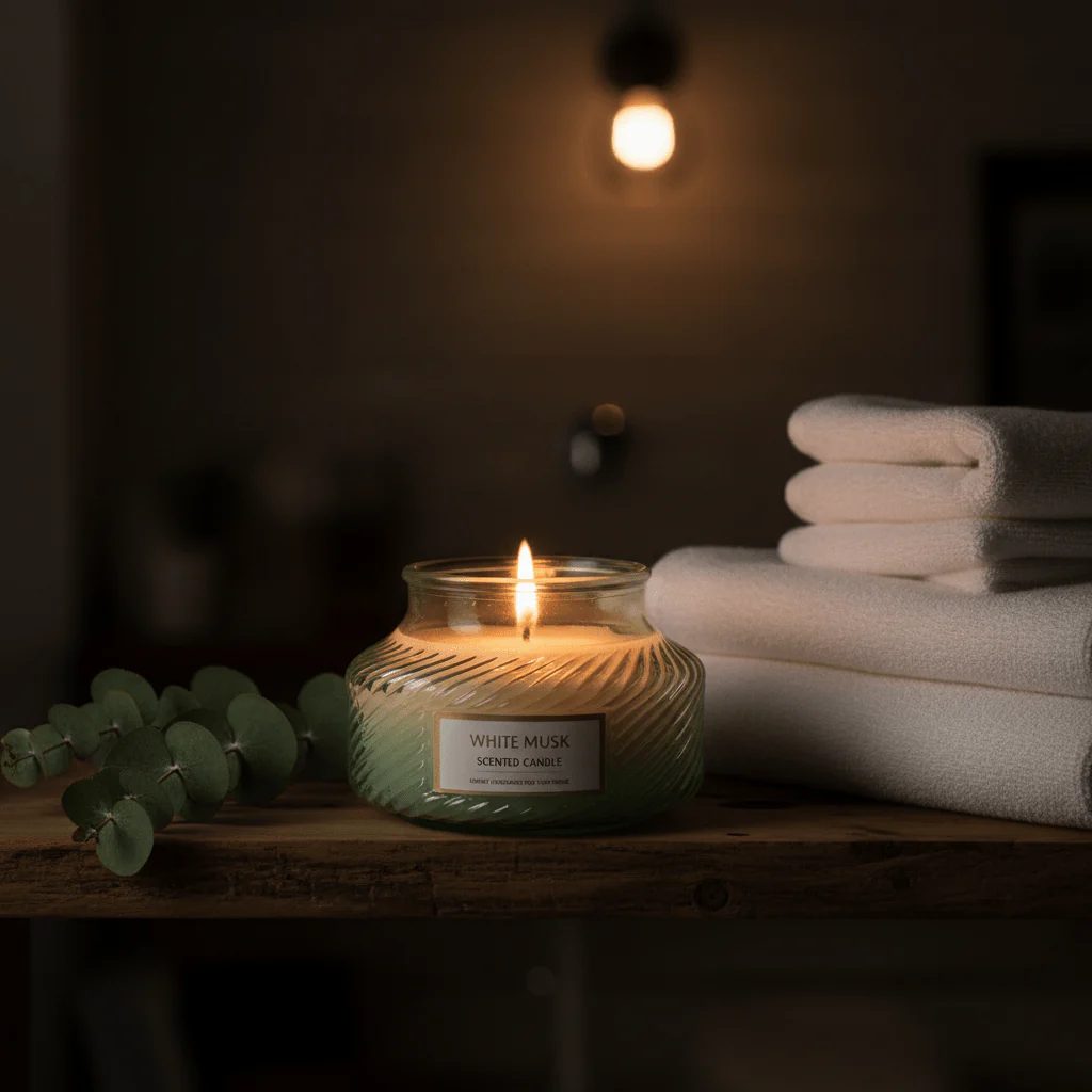 Scented Candle in Ribbed Glass Jar | Long-Lasting Home Fragrance | 8×8 cm | White Musk / Amber Myrrh / Wild Bluebell / Fresh Freesia - Image 3
