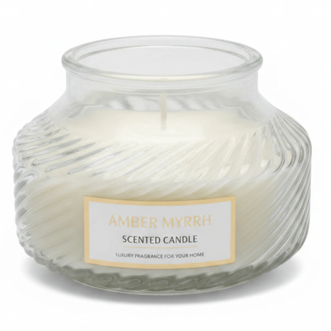 Scented Candle in Ribbed Glass Jar | Long-Lasting Home Fragrance | 8×8 cm | White Musk / Amber Myrrh / Wild Bluebell / Fresh Freesia - Image 4