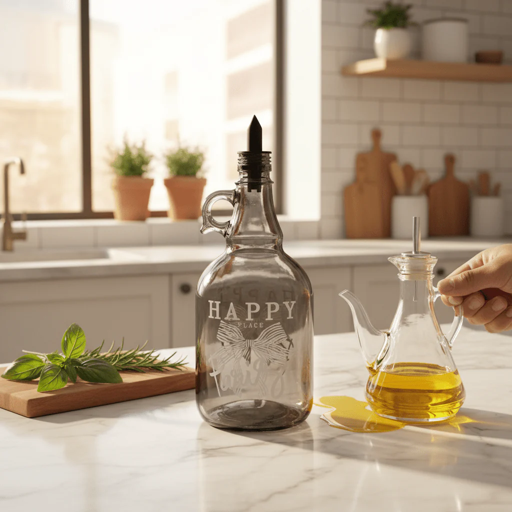 Selka Tinted Dark Glass Oil Bottle 1 Litre | Elegant Etched Butterfly Design | Premium Smoke Finish - Image 2