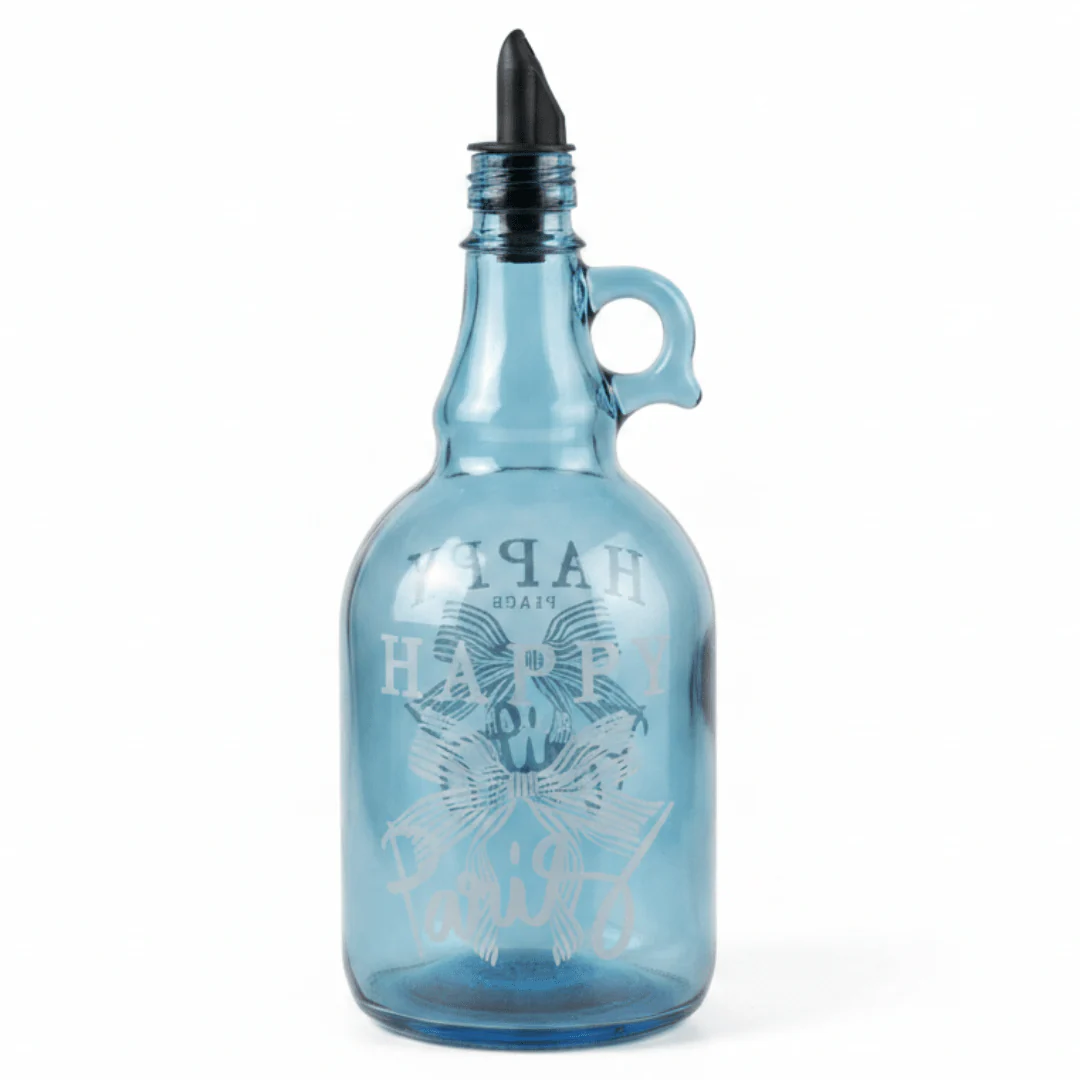 Selka Tinted Blue Glass Oil Bottle β 1 Litre | Elegant Etched Design with Pourer Spout