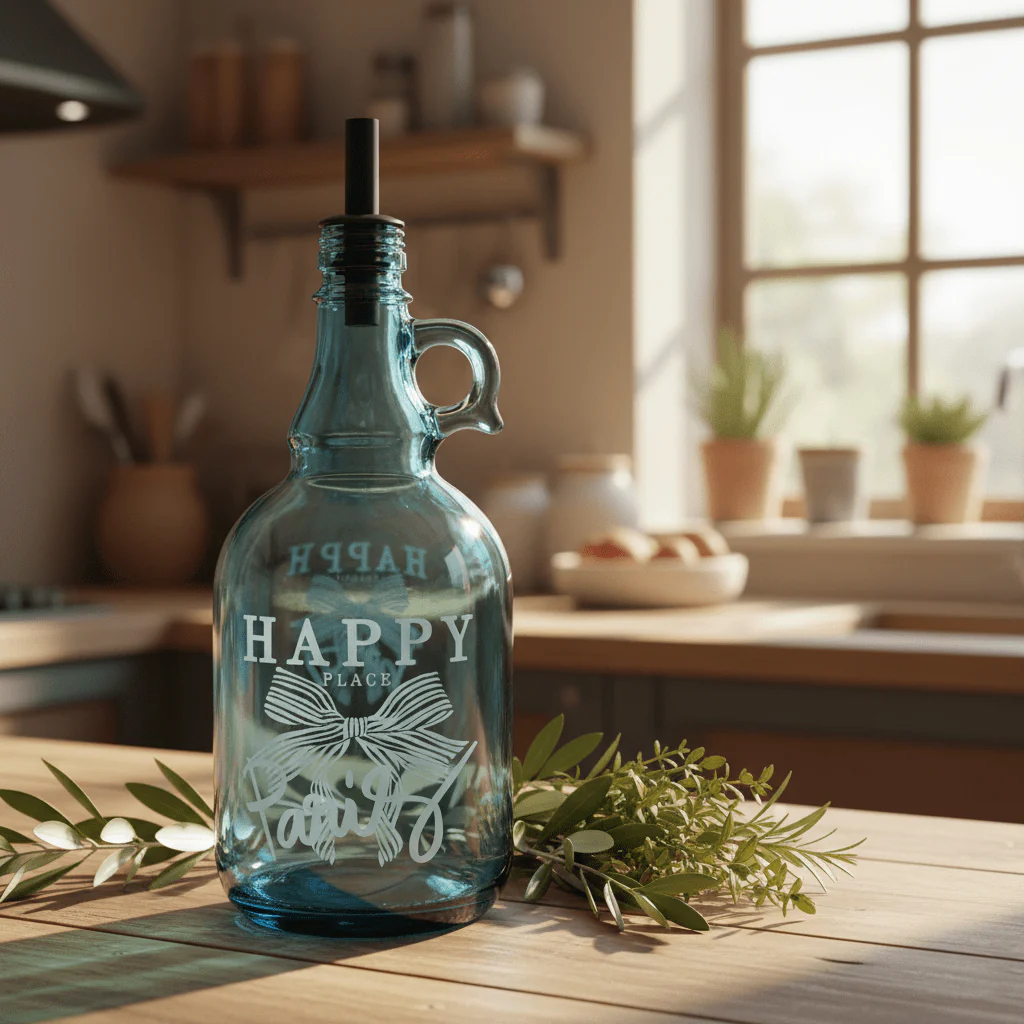 Selka Tinted Blue Glass Oil Bottle β 1 Litre | Elegant Etched Design with Pourer Spout - Image 2