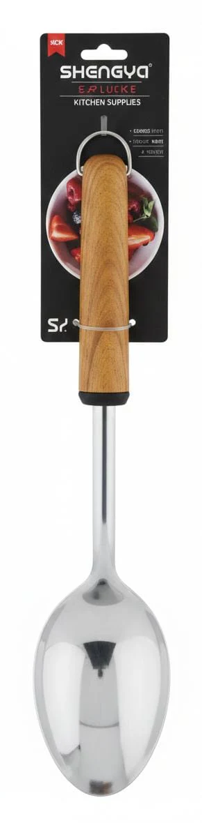 Shengya Stainless Steel Serving Spoon with Wooden Handle β Elegant & Practical Tableware Essential (33 cm)