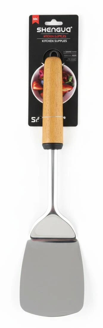 Shengya Stainless Steel Solid Turner with Wooden Handle – Strong, Balanced & Heat-Resistant (33 cm)