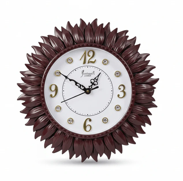 Siddharth Sunburst Decorative Wall Clock 32cm – Rosewood Finish with Crystal Accents | Quartz