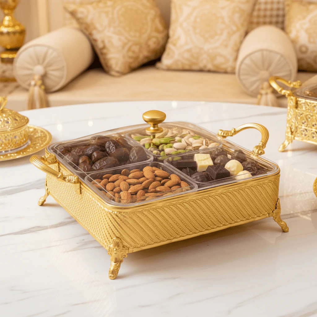 Silu 4-Section Acrylic Candy Organizer with Square Gold Metal Holder – Stylish Storage Box for Snacks & Sweets – 28 × 9.5 cm - Image 2