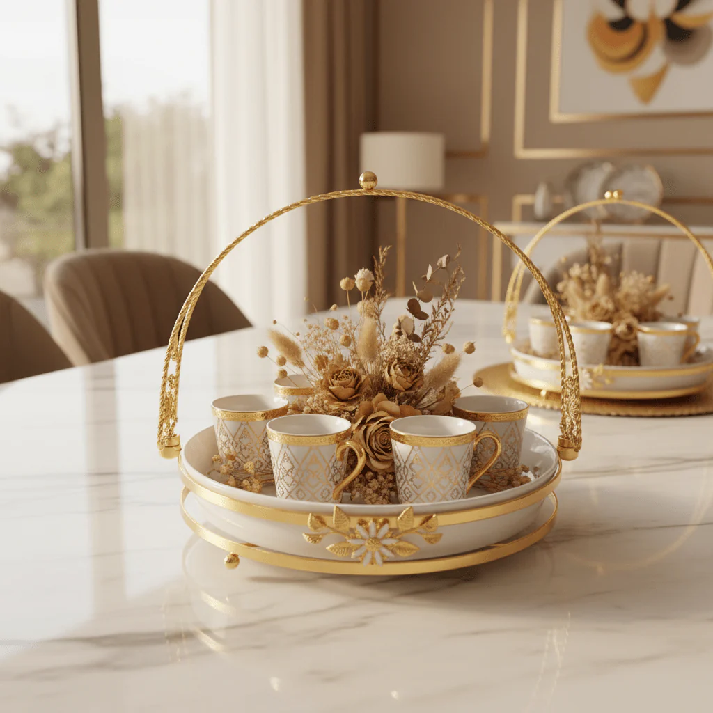 Silu White Ceramic Round Serving Tray with Ornate Golden Metal Base & Arched Handle – 10 Inch - Image 3