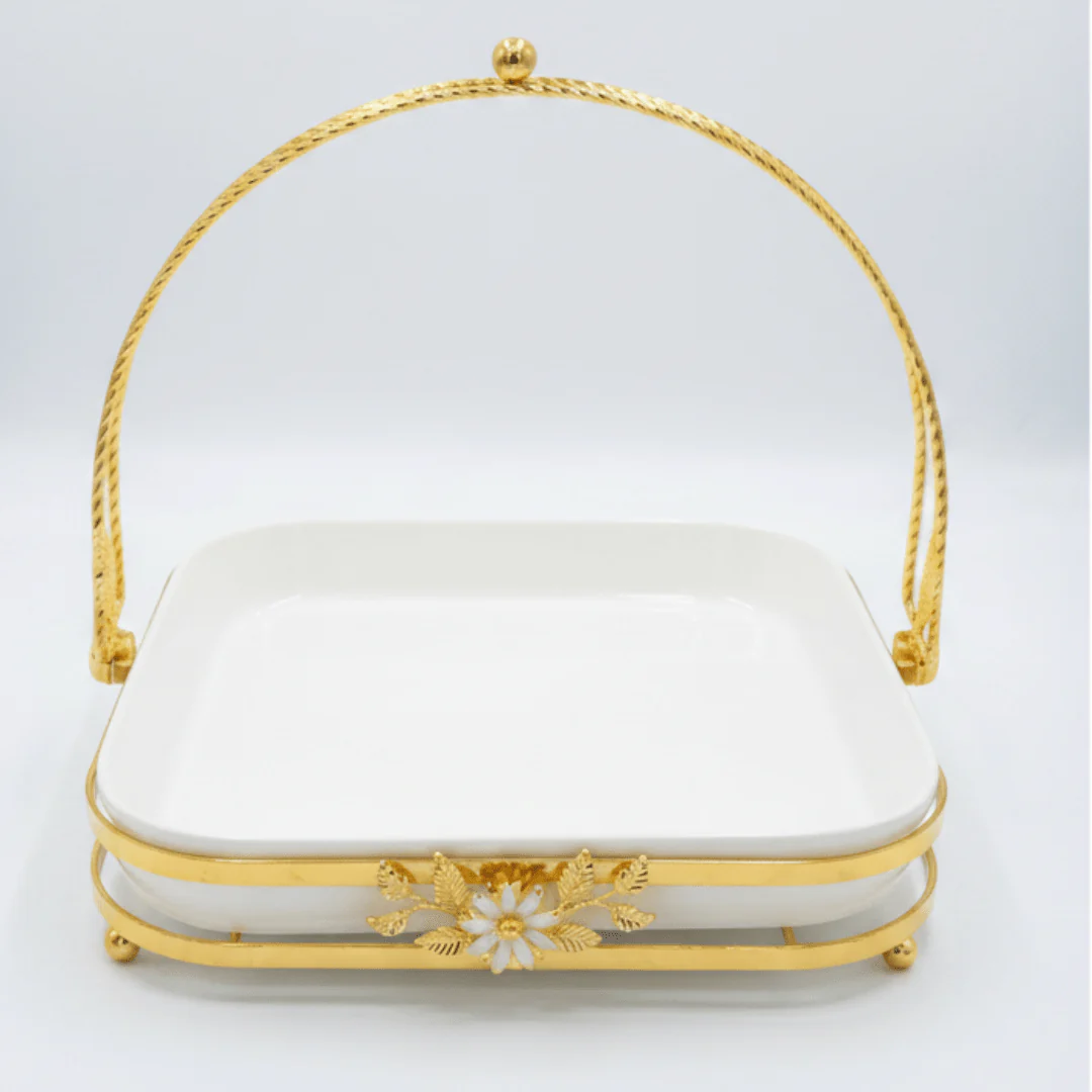 Silu White Ceramic Square Serving Tray with Ornate Golden Metal Arch Handle & Lotus Base — 10 Inch