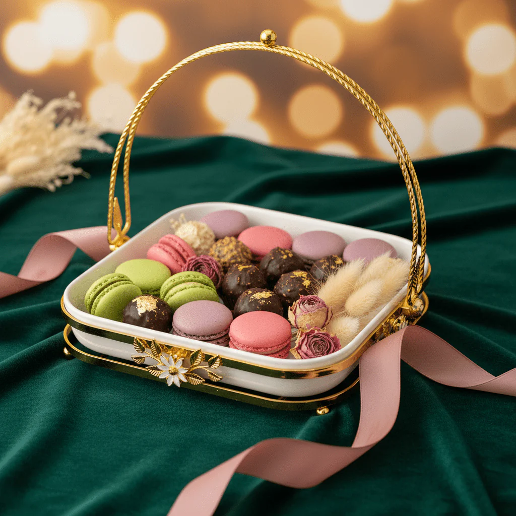 Silu White Ceramic Square Serving Tray with Ornate Golden Metal Arch Handle & Lotus Base — 10 Inch - Image 3