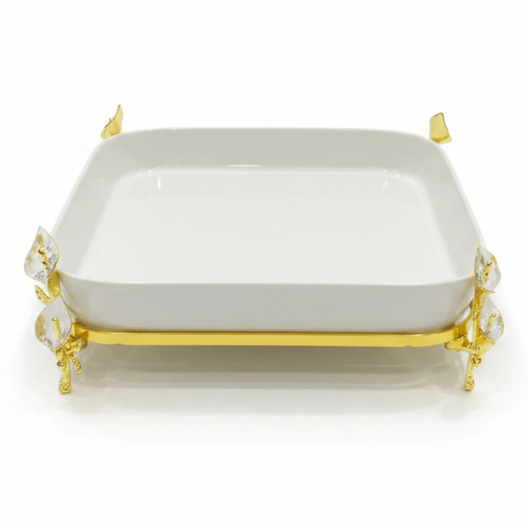 Silu White Ceramic Square Serving Tray with Ornate Golden Metal Base 10 Inch