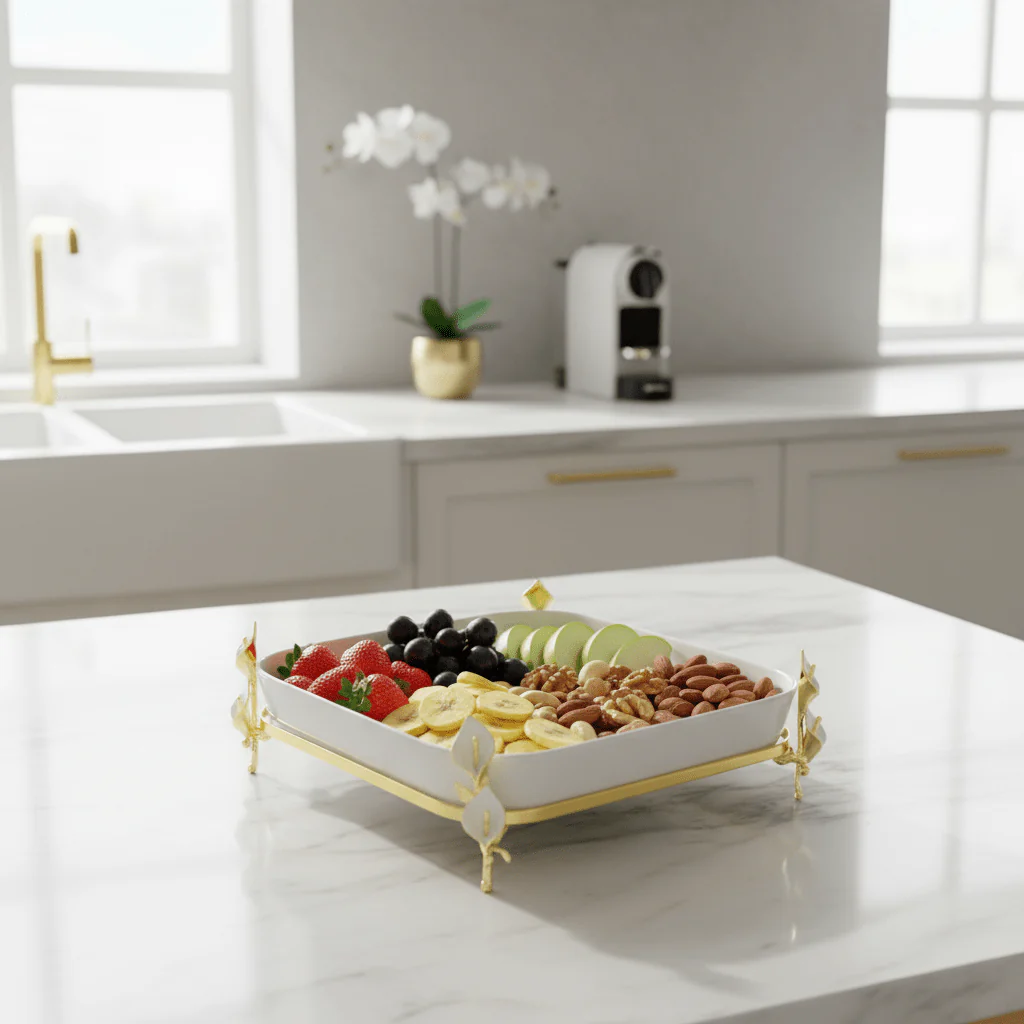 Silu White Ceramic Square Serving Tray with Ornate Golden Metal Base 10 Inch - Image 3