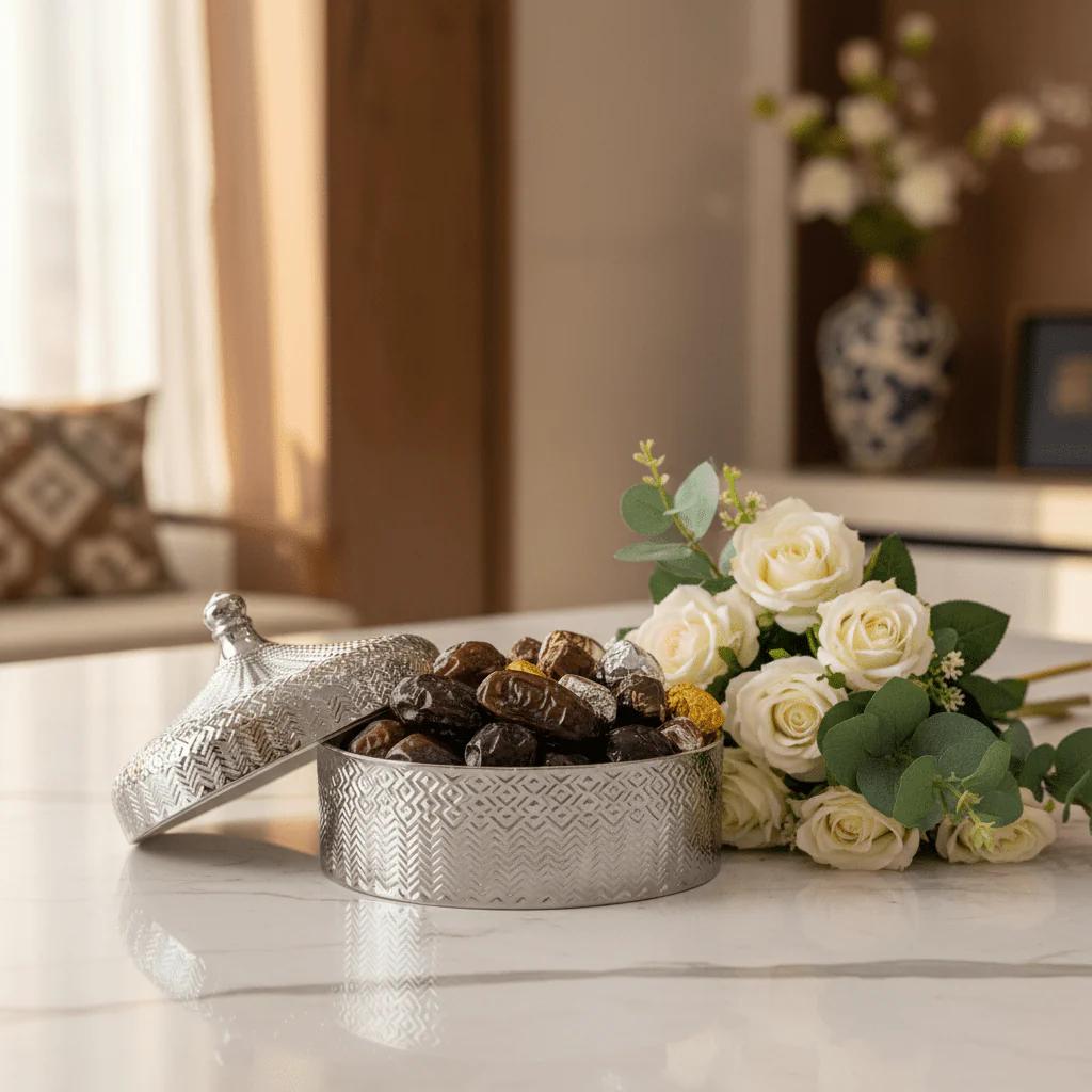 Luxury Ceramic Candy Bowl with Lid | Embossed Geometric Design | 23×7.5 cm | Gold & White,Silver & White | - Image 2