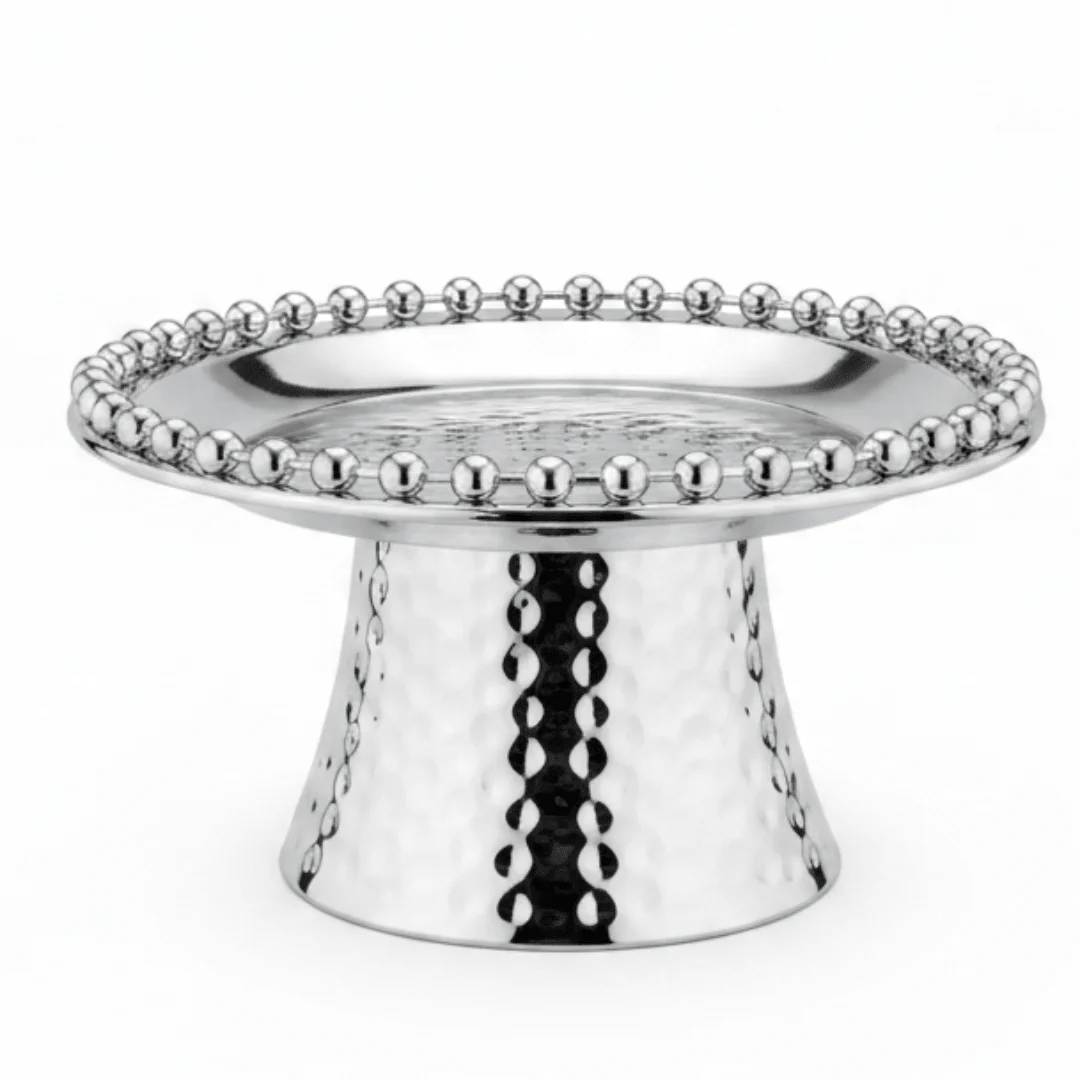Silver Metal Footed Round Candy & Dates Tray with Beaded Rim | Hammered Pedestal Serving Dish |