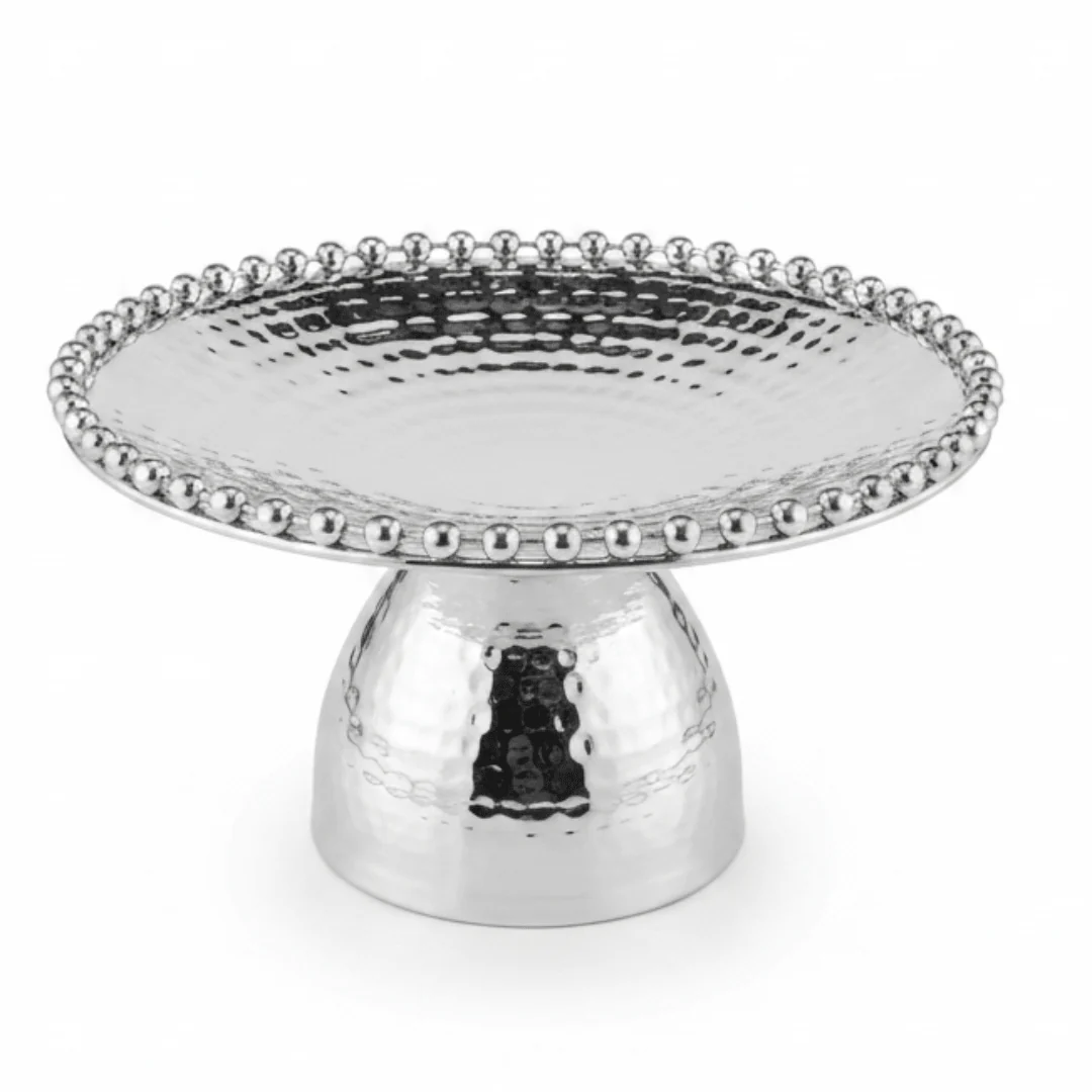 Silver Metal Footed Round Candy Tray | Hammered Finish with Beaded Edge | Elegant Serving Pedestal Stand |