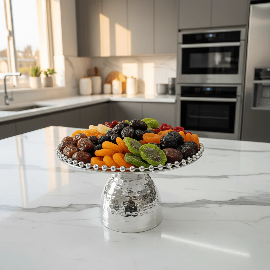 Silver Metal Footed Round Candy Tray | Hammered Finish with Beaded Edge | Elegant Serving Pedestal Stand | - Image 3