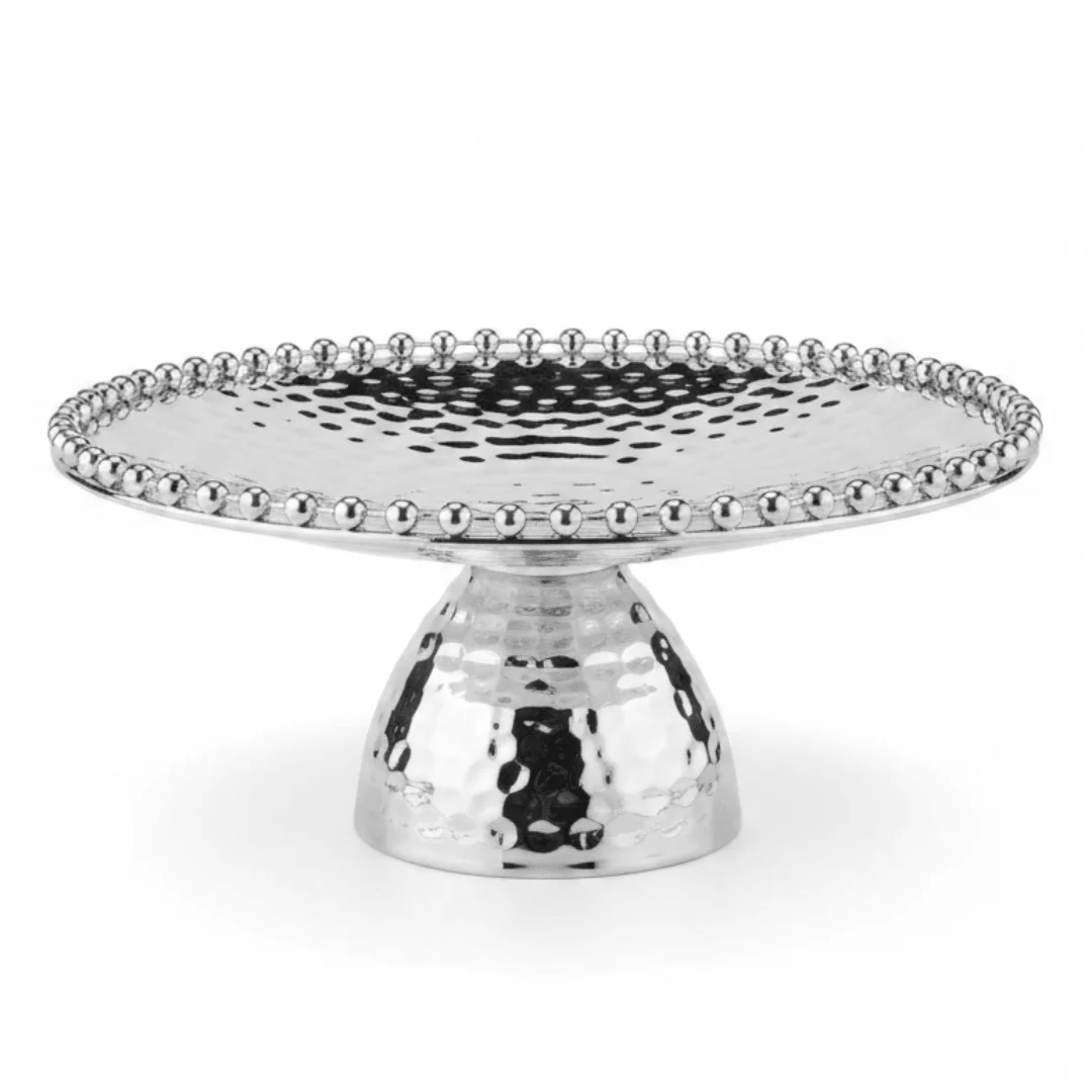 Silver Metal Footed Round Candy Tray | Hammered Finish with Beaded Edge | Elegant Serving Pedestal Stand | - Image 5
