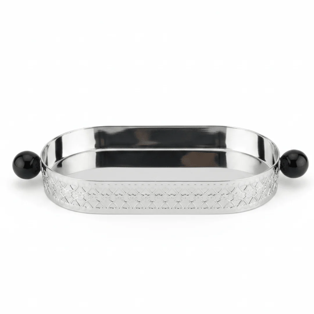 Silver Metal Oval Candy & Sweets Tray with Elegant Black Handles | Decorative Lattice Design | 20×10 cm |