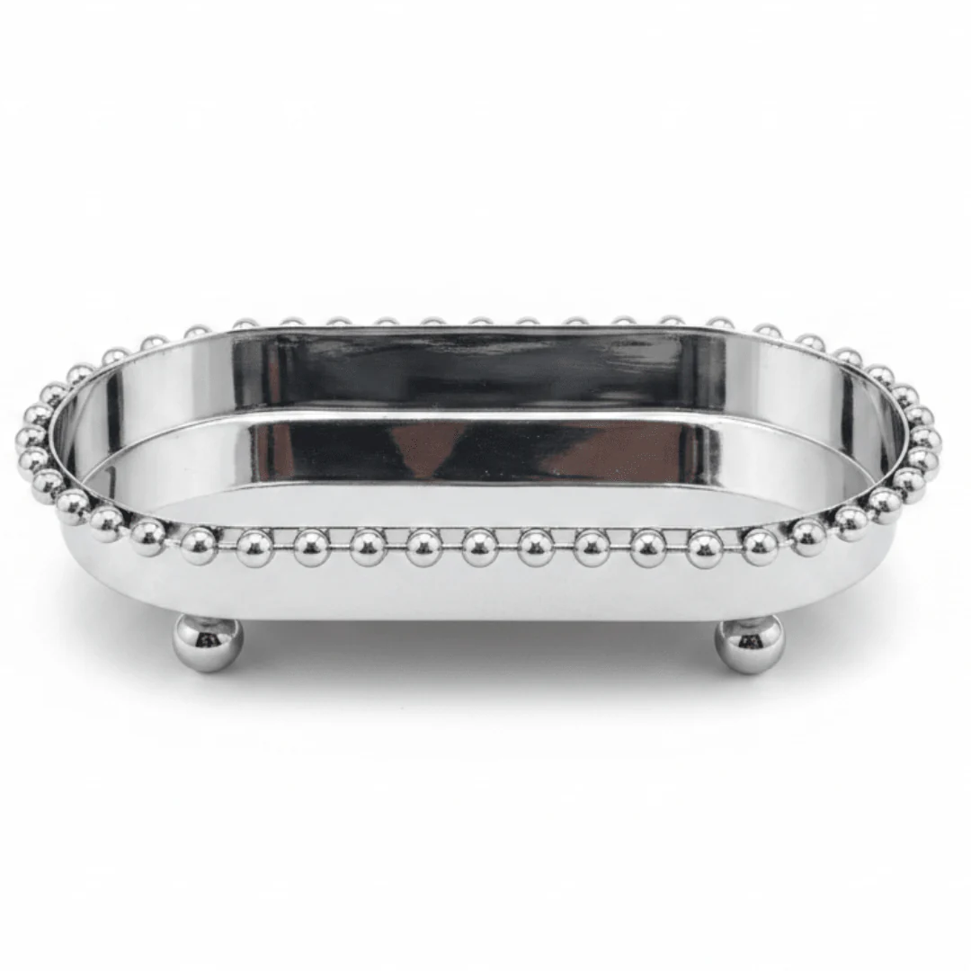 Silver Metal Oval Candy & Sweets Serving Tray with Beaded Pearl Border and Ball Feet — 20×10 cm
