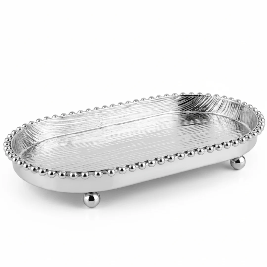 Silver Metal Oval Candy & Sweets Serving Tray with Beaded Pearl Border and Ball Feet — 20×10 cm - Image 2