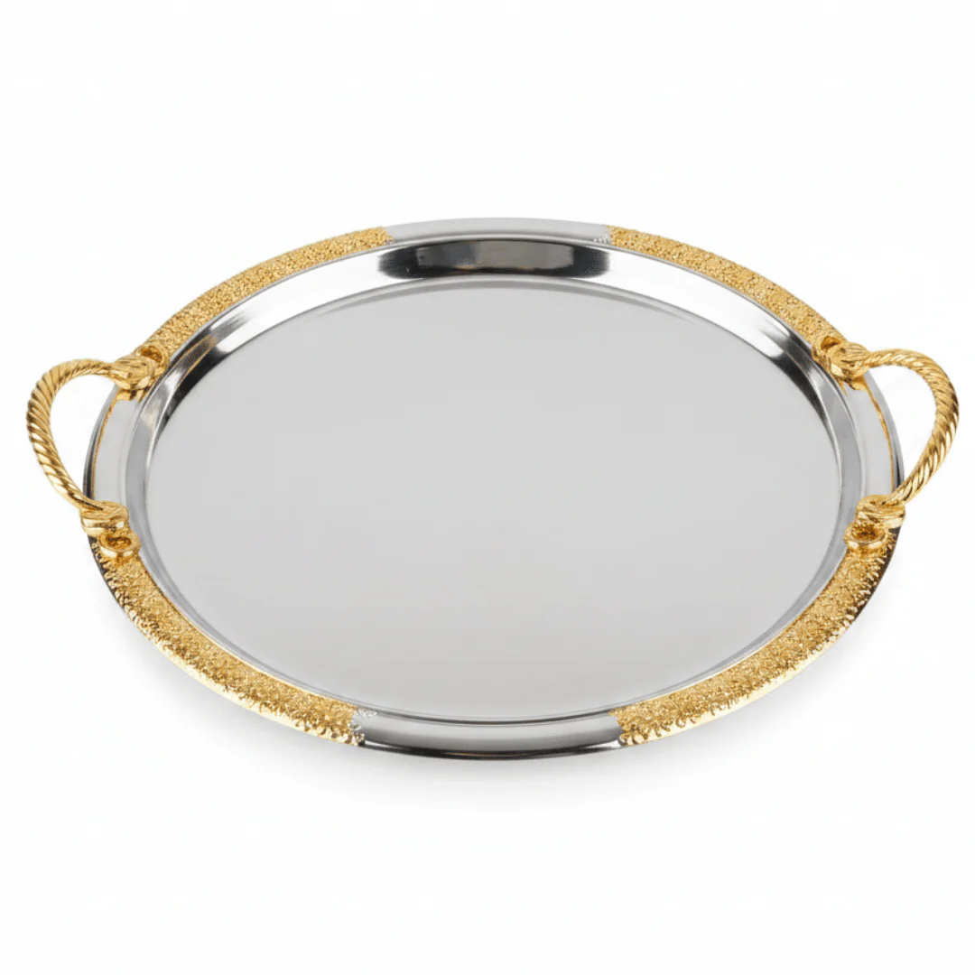 Royal Gold-Rimmed Silver Serving Tray with Braided Gold Handles | 35cm | Premium Hospitality Tableware
