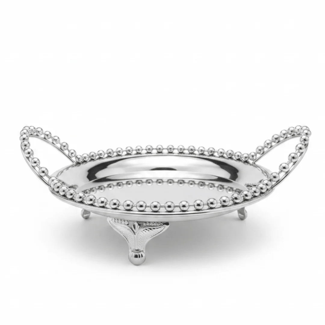 Silver Metal Round Candy Tray with Decorative Beaded Rim and Ornate Handles