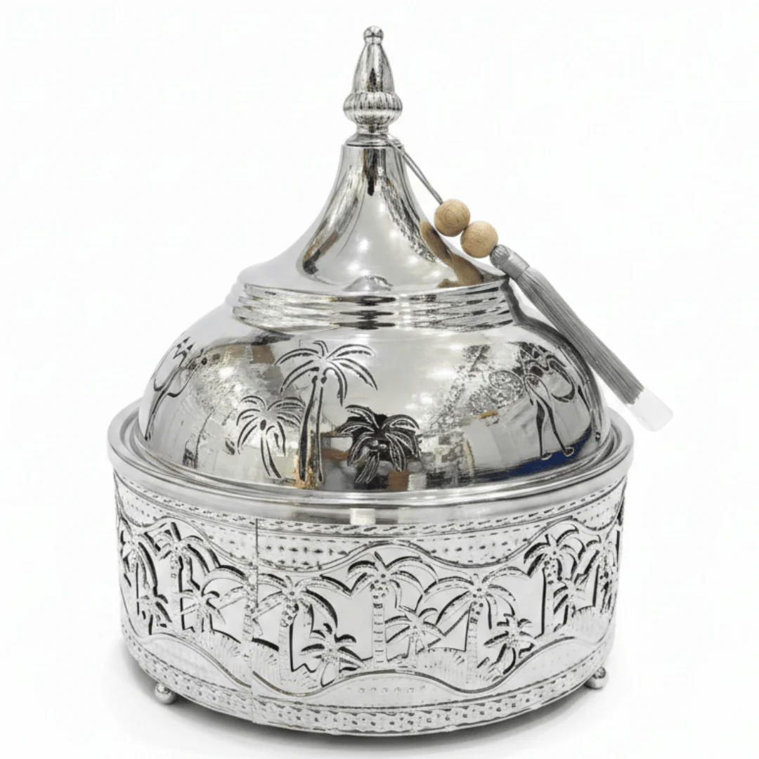 Premium Silver Stainless Steel Tajine with Palm Tree Landscape Design — 22cm | Arabic Heritage Serving Dish