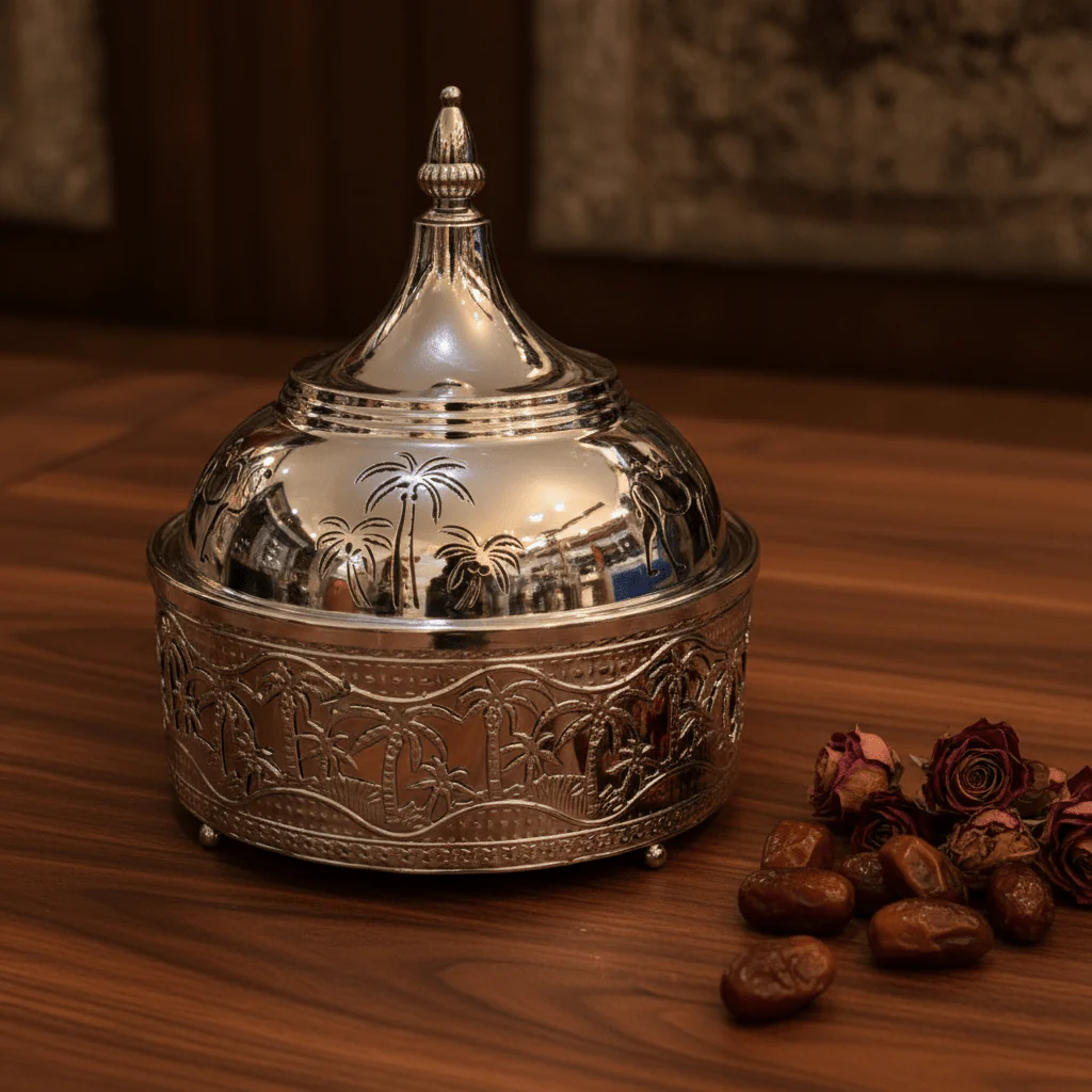 Premium Silver Stainless Steel Tajine with Palm Tree Landscape Design — 22cm | Arabic Heritage Serving Dish - Image 2