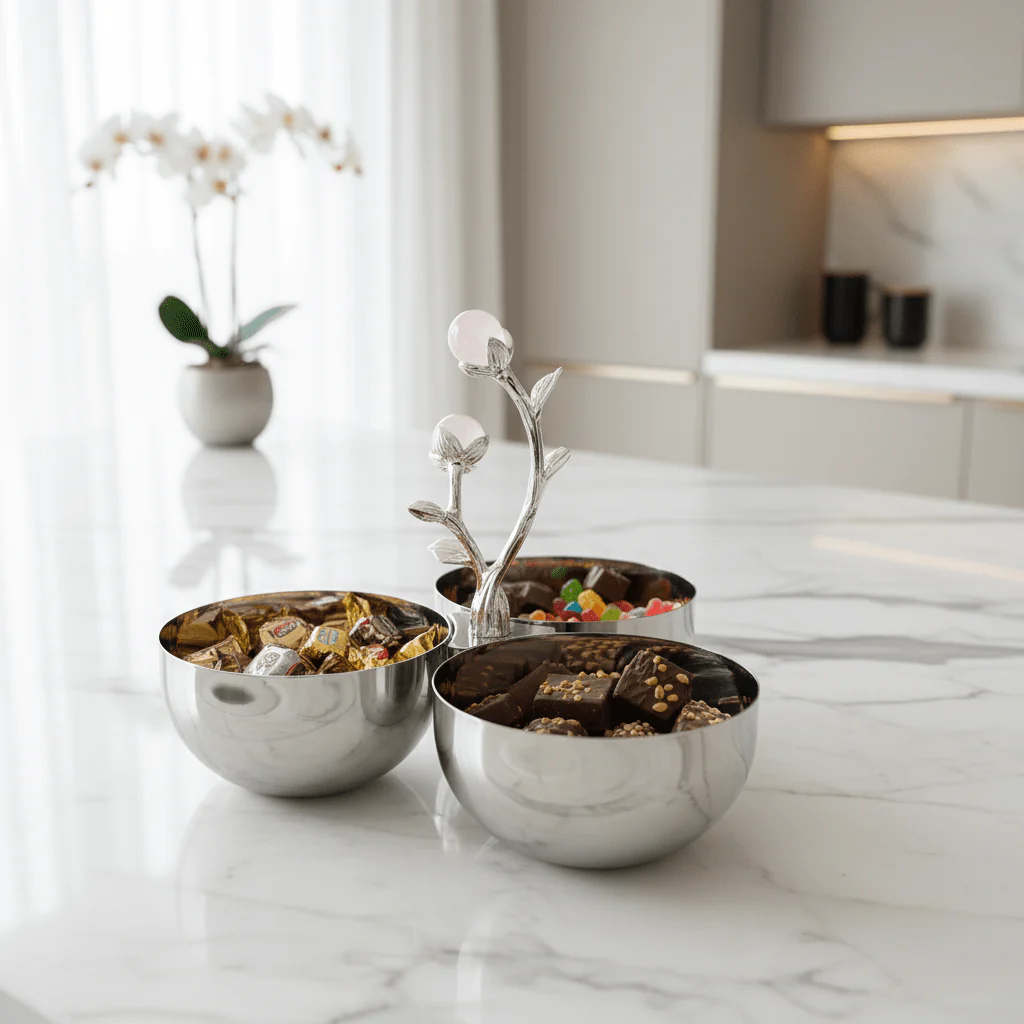 Silver Stainless Steel 3-Part Candy & Nuts Serving Bowl Set with Decorative Rose Stem Handle | 10×10 cm | - Image 2