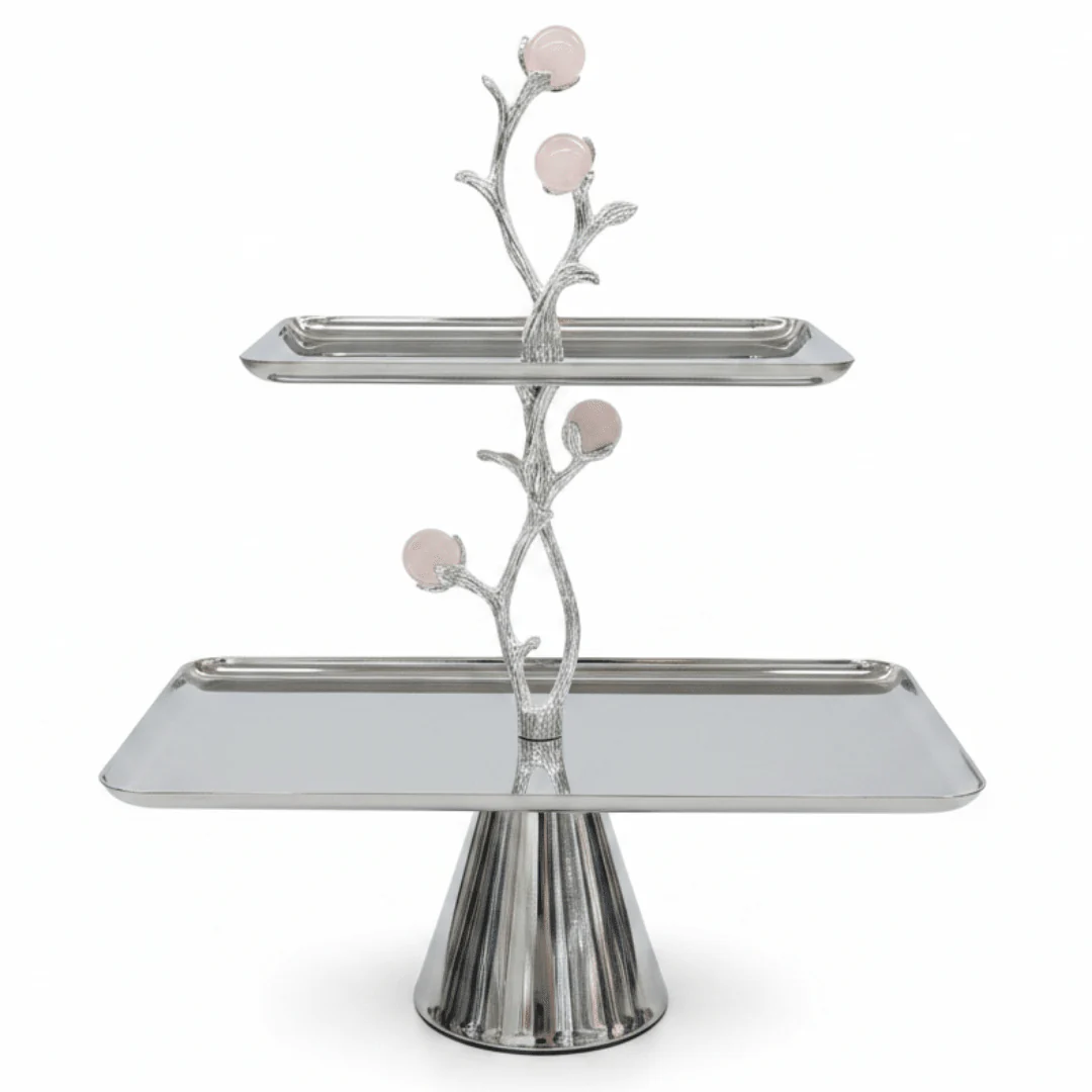 Silver Stainless Steel Footed 2-Tier Rectangular Cake & Dessert Tray Stand with Decorative Floral Branch Stem | 20×15cm & 30×20cm |