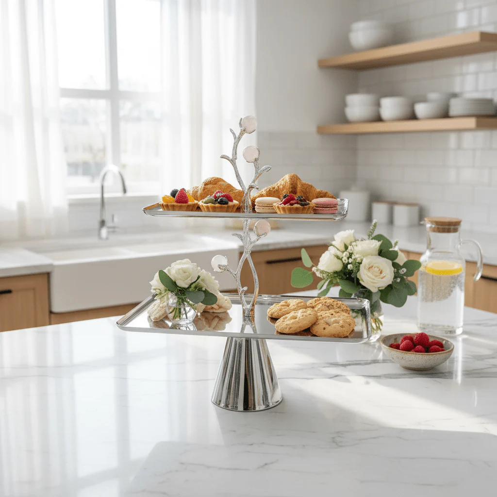 Silver Stainless Steel Footed 2-Tier Rectangular Cake & Dessert Tray Stand with Decorative Floral Branch Stem | 20×15cm & 30×20cm | - Image 2