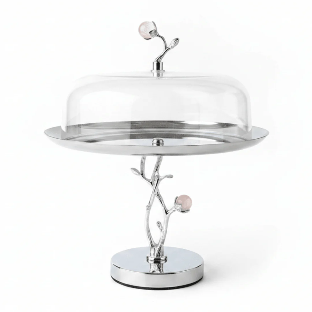 Silver Stainless Steel Footed Cake Stand with Clear Acrylic Dome Cover | 25×25 cm |
