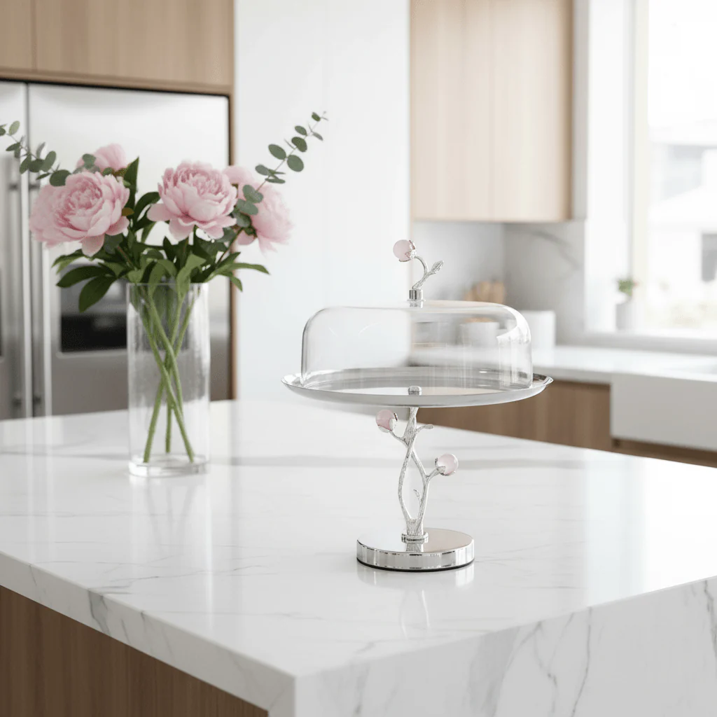 Silver Stainless Steel Footed Cake Stand with Clear Acrylic Dome Cover | 25×25 cm | - Image 2