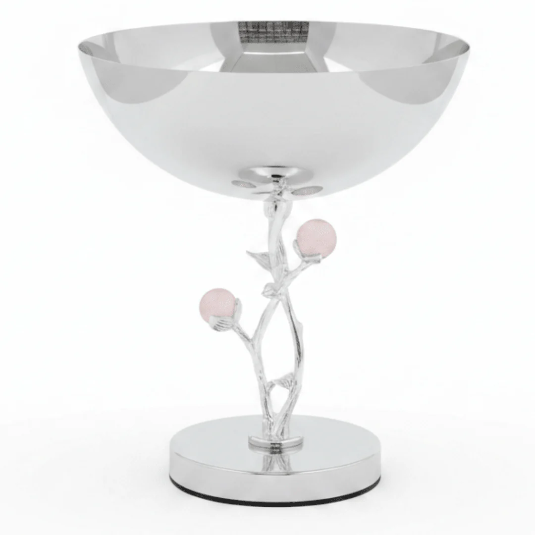 Silver Stainless Steel Footed Candy Bowl with Decorative Rose Stem & Pink Balls – 20×24cm