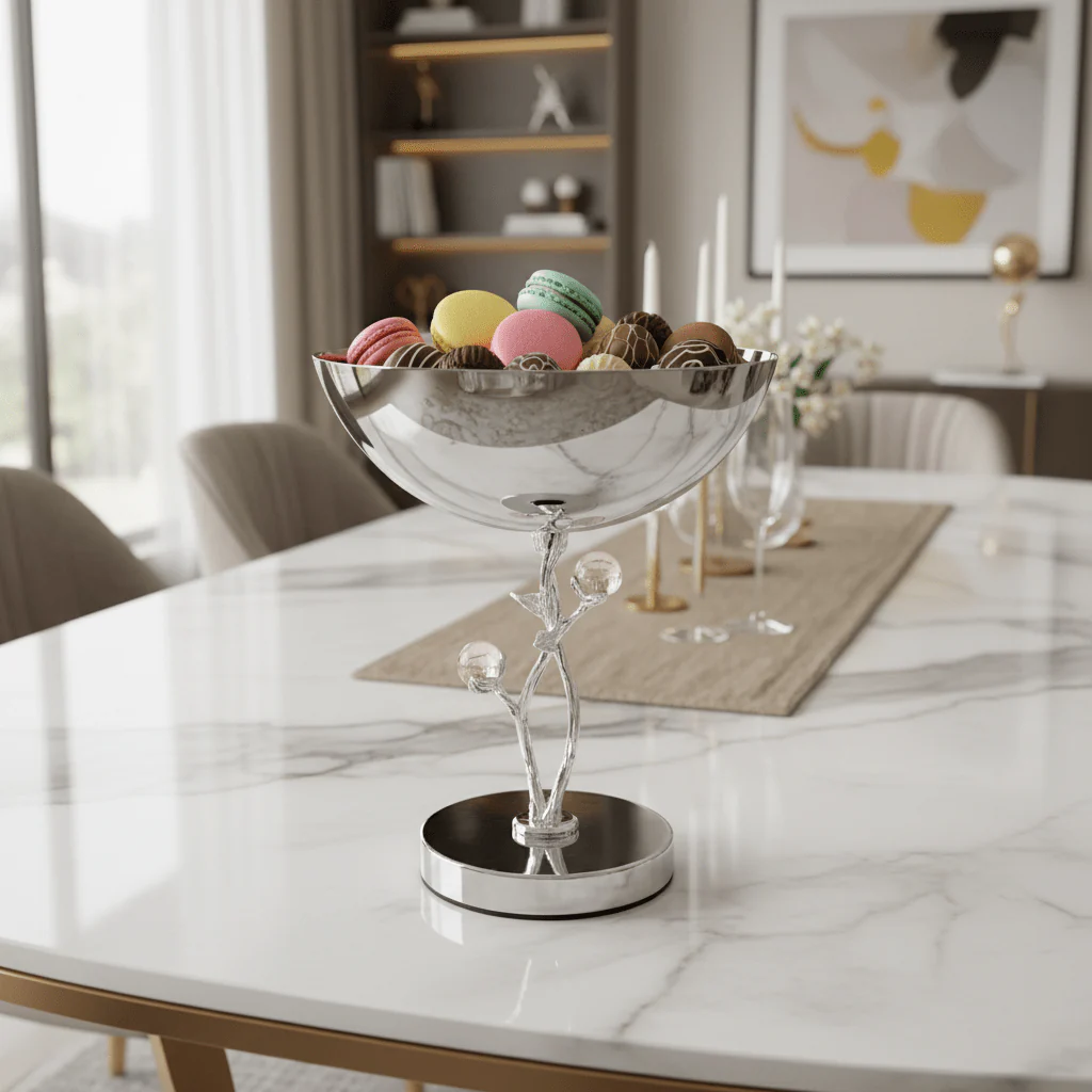 Silver Stainless Steel Footed Candy Bowl with Decorative Rose Stem & Pink Balls – 20×24cm - Image 2