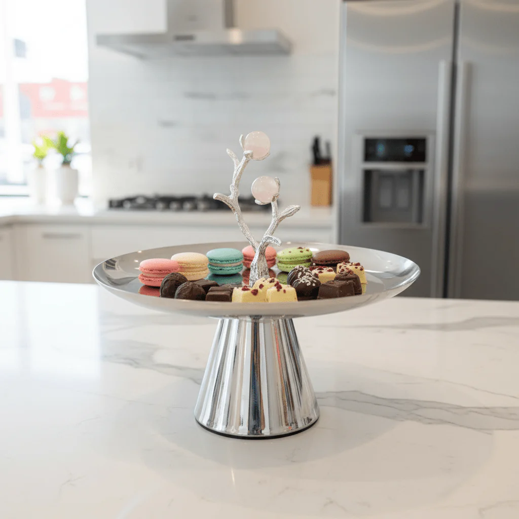 Silver Stainless Steel Footed Candy & Sweets Tray with Rose Quartz Ball Tree 14×24 cm - Image 2