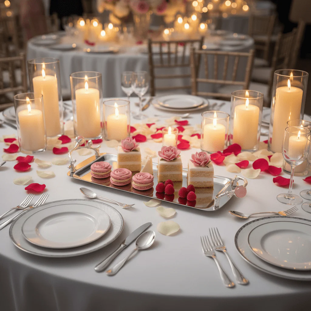 Silver Stainless Steel Rectangle Cake & Serving Tray with Ornate Floral Handles & Rose Quartz Accent – 35×12cm / 45×12cm - Image 2