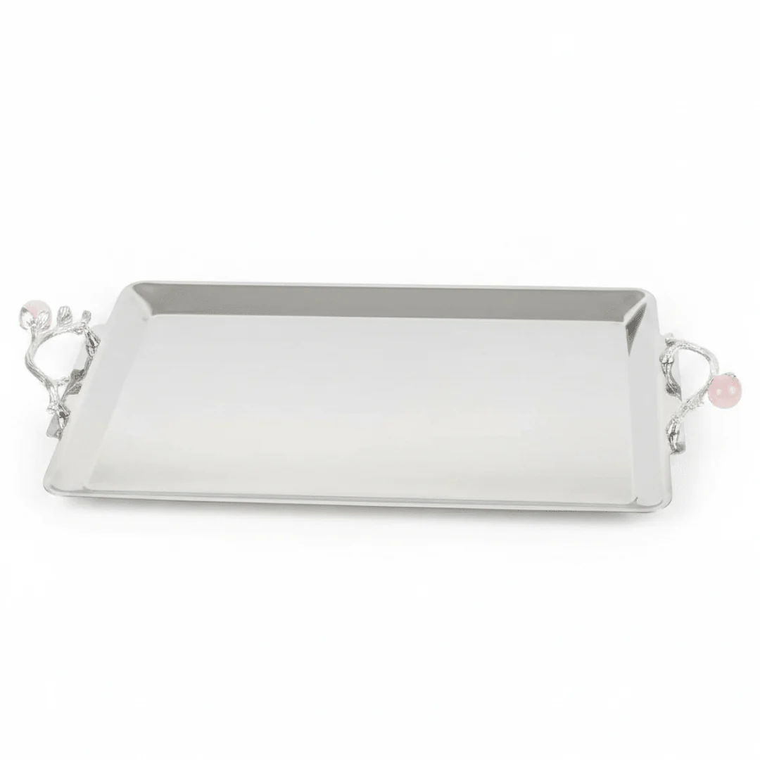 Silver Stainless Steel Rectangle Cake Tray with Ornate Handles — 40×25 cm |