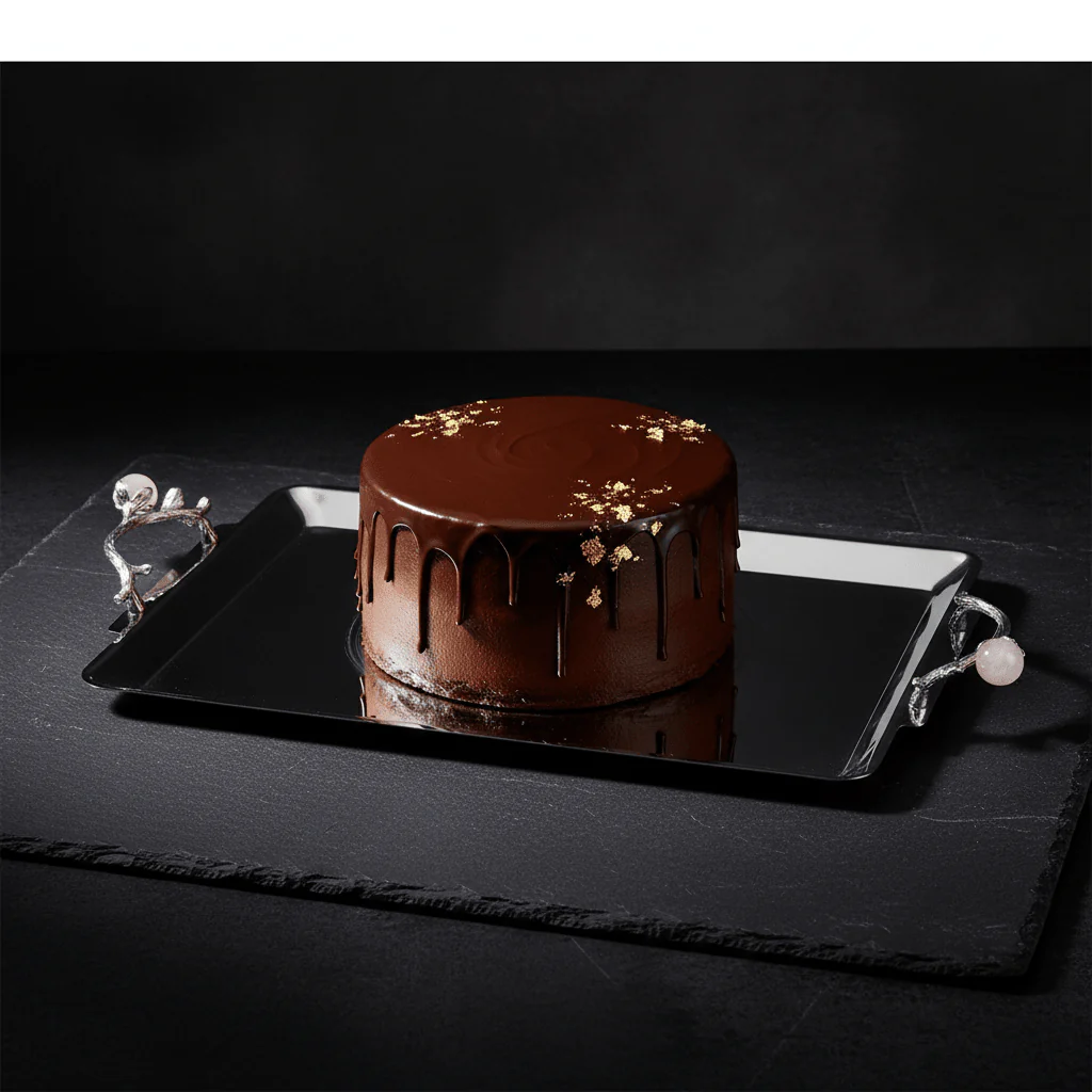 Silver Stainless Steel Rectangle Cake Tray with Ornate Handles — 40×25 cm | - Image 3