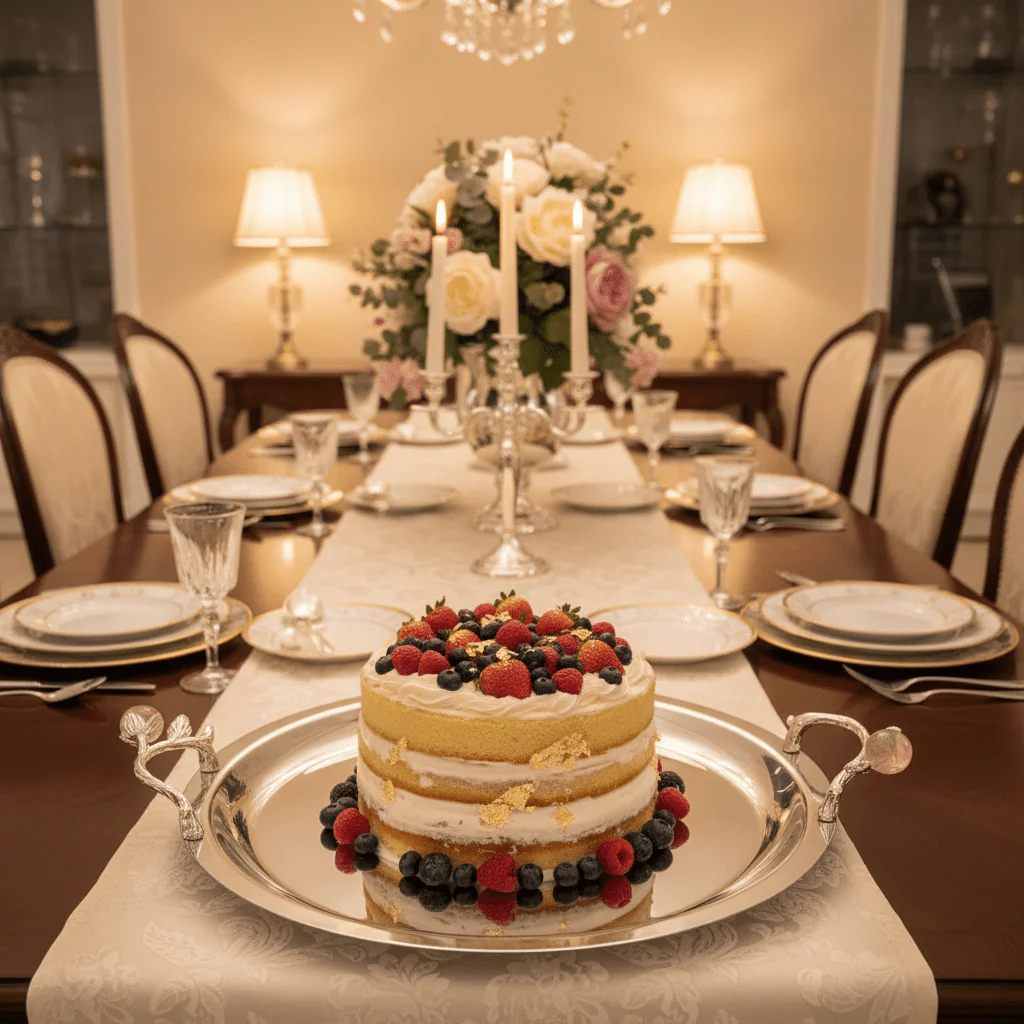Silver Stainless Steel Round Cake Tray with Ornate Decorative Handles – 28cm - Image 2